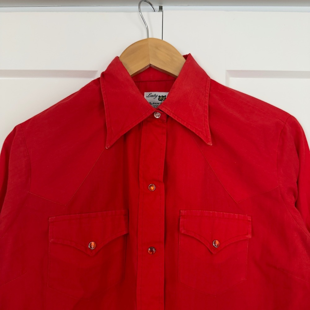 Womens Lady DJ Dickson Jenkins Western Shirt L Red Pearl Snap Vintage 70s